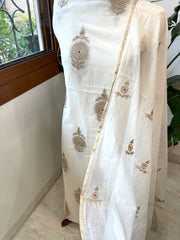 Ivory Suit Set with Gold Thread & Sequin Work in Pure Mul - Masakalee