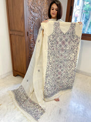 Ivory Suit Set with Kantha Handwork in Pure Tussar Silk - Masakalee