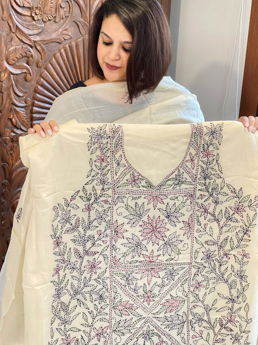 Ivory Suit Set with Kantha Handwork in Pure Tussar Silk - Masakalee