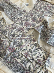 Ivory Suit Set with Kantha Handwork in Pure Tussar Silk - Masakalee