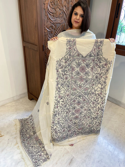 Ivory Suit Set with Kantha Handwork in Pure Tussar Silk - Masakalee