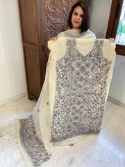 Ivory Suit Set with Kantha Handwork in Pure Tussar Silk - Masakalee
