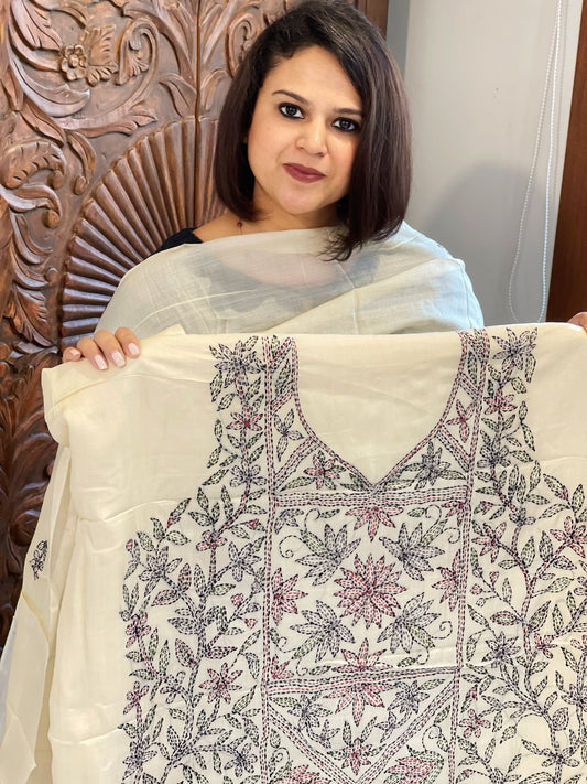 Ivory Suit Set with Kantha Handwork in Pure Tussar Silk - Masakalee