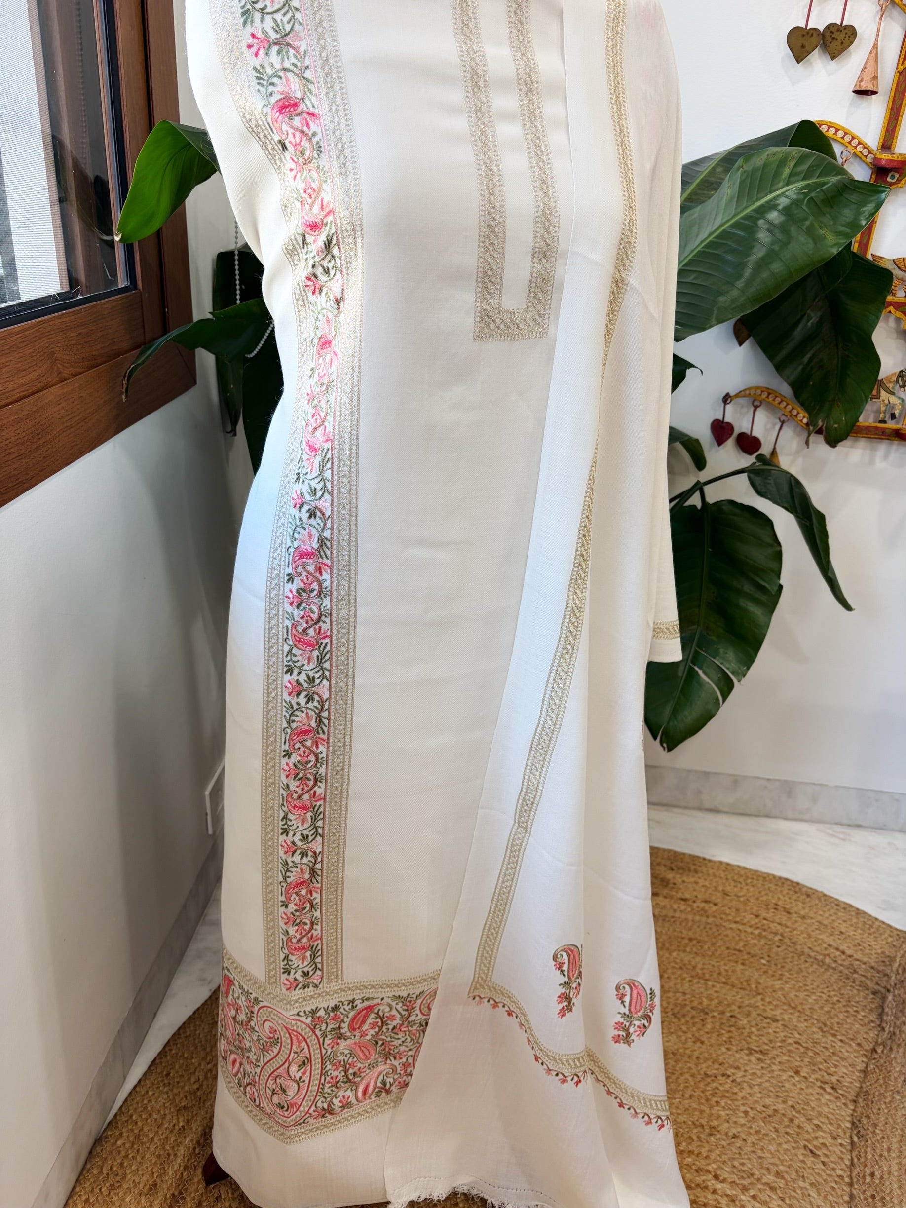Ivory Winter Suit Set with Aari Work in Pashmina Wool - Masakalee