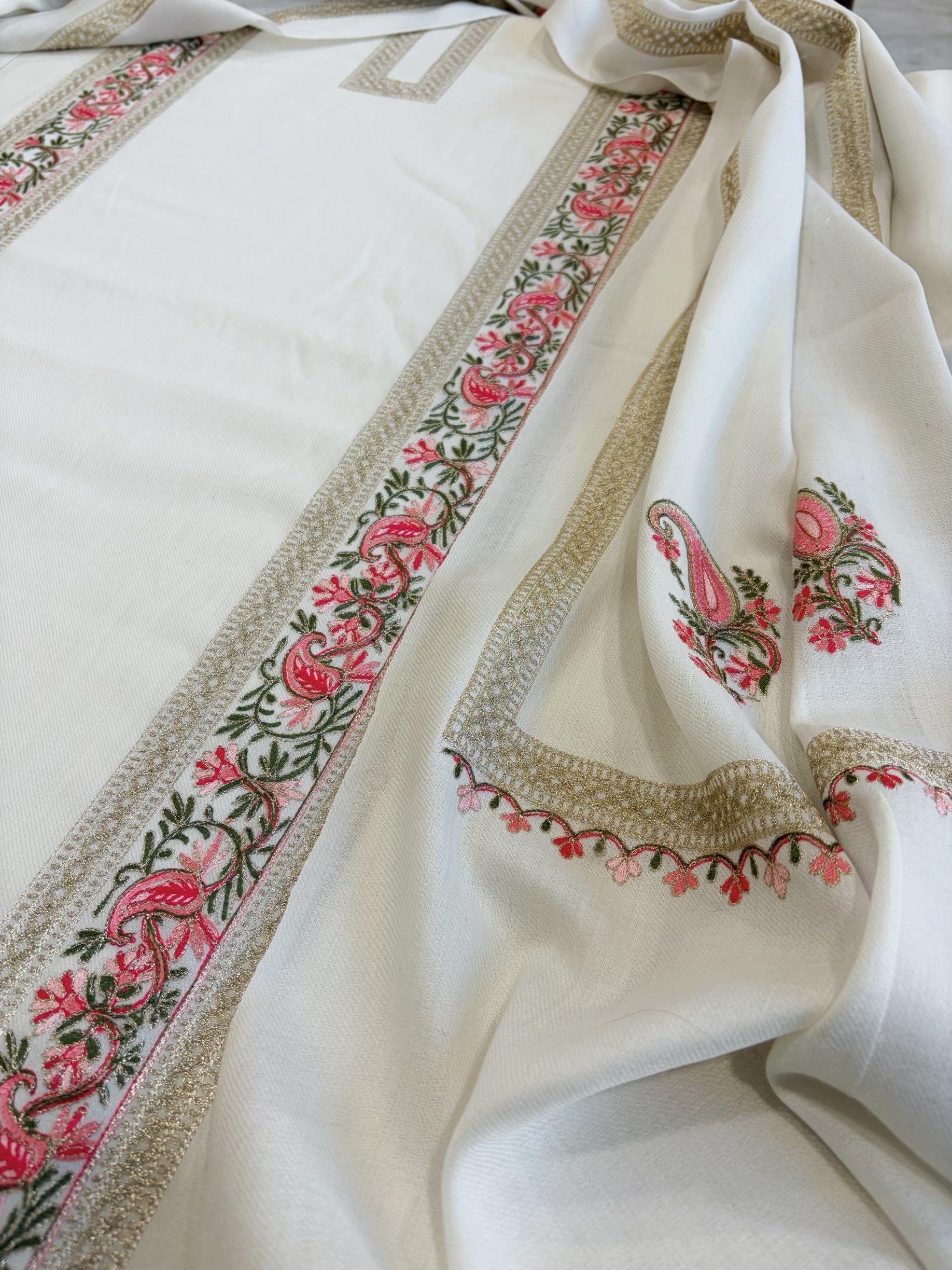 Ivory Winter Suit Set with Aari Work in Pashmina Wool - Masakalee