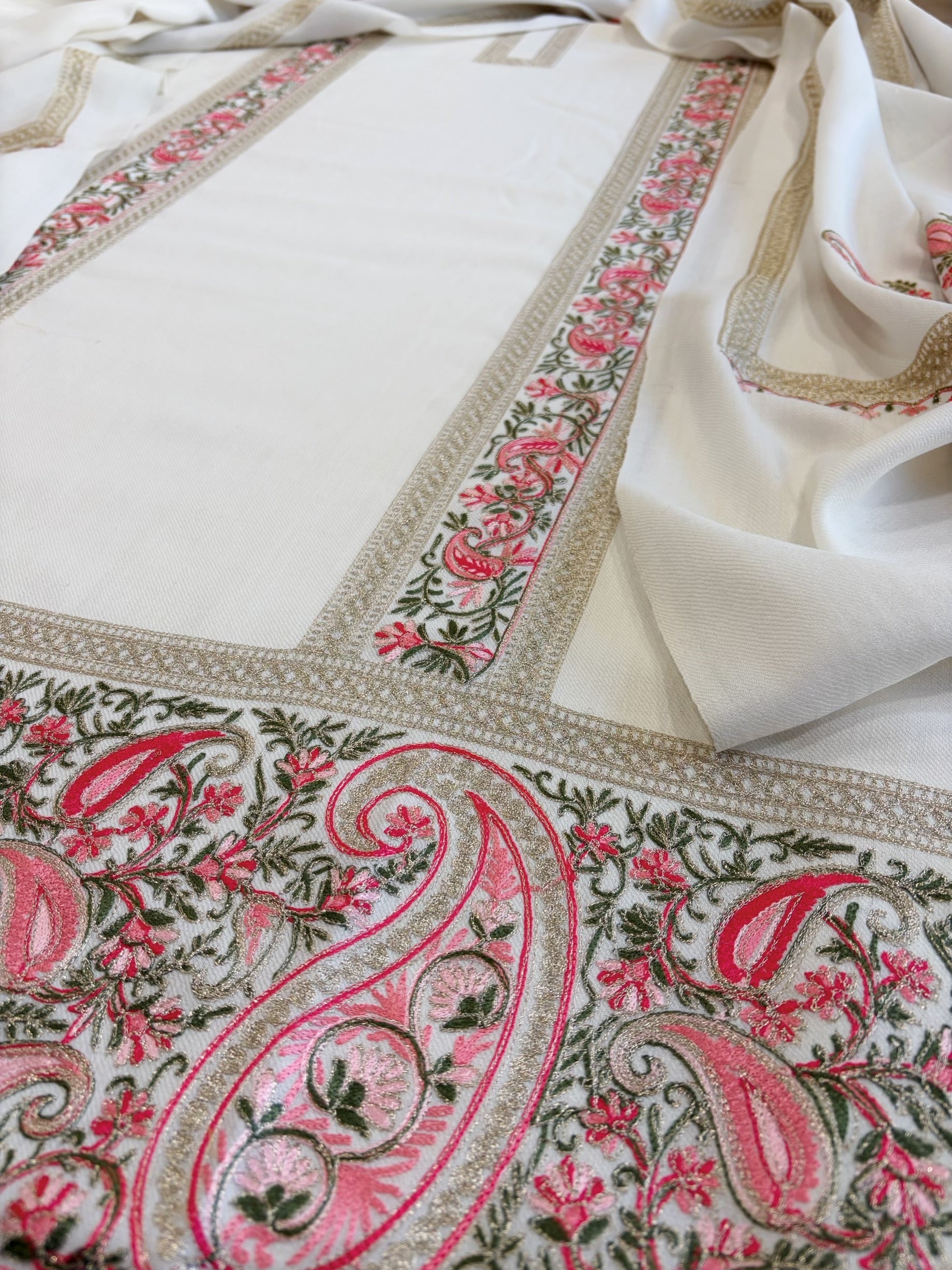 Ivory Winter Suit Set with Aari Work in Pashmina Wool - Masakalee