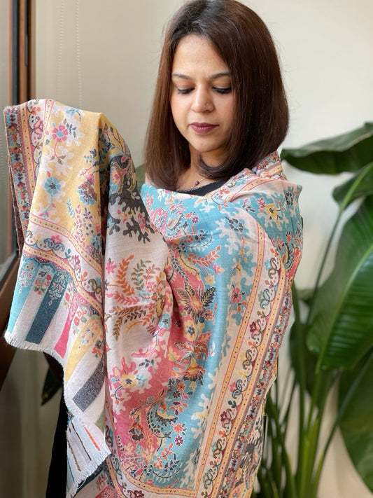 Ivory Woven Kaani Jaal Pashmina Stole - Masakalee