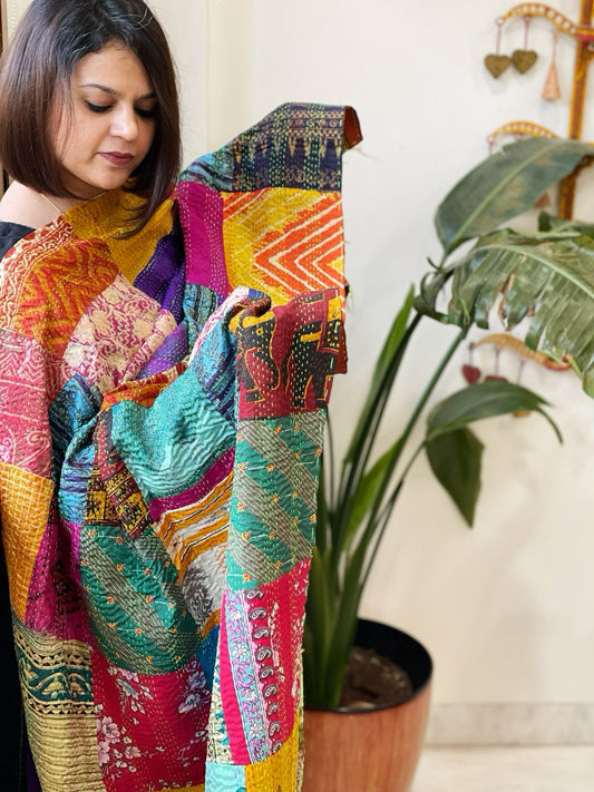 Kantha Patchwork Dupatta cum Stole in Silk - Masakalee