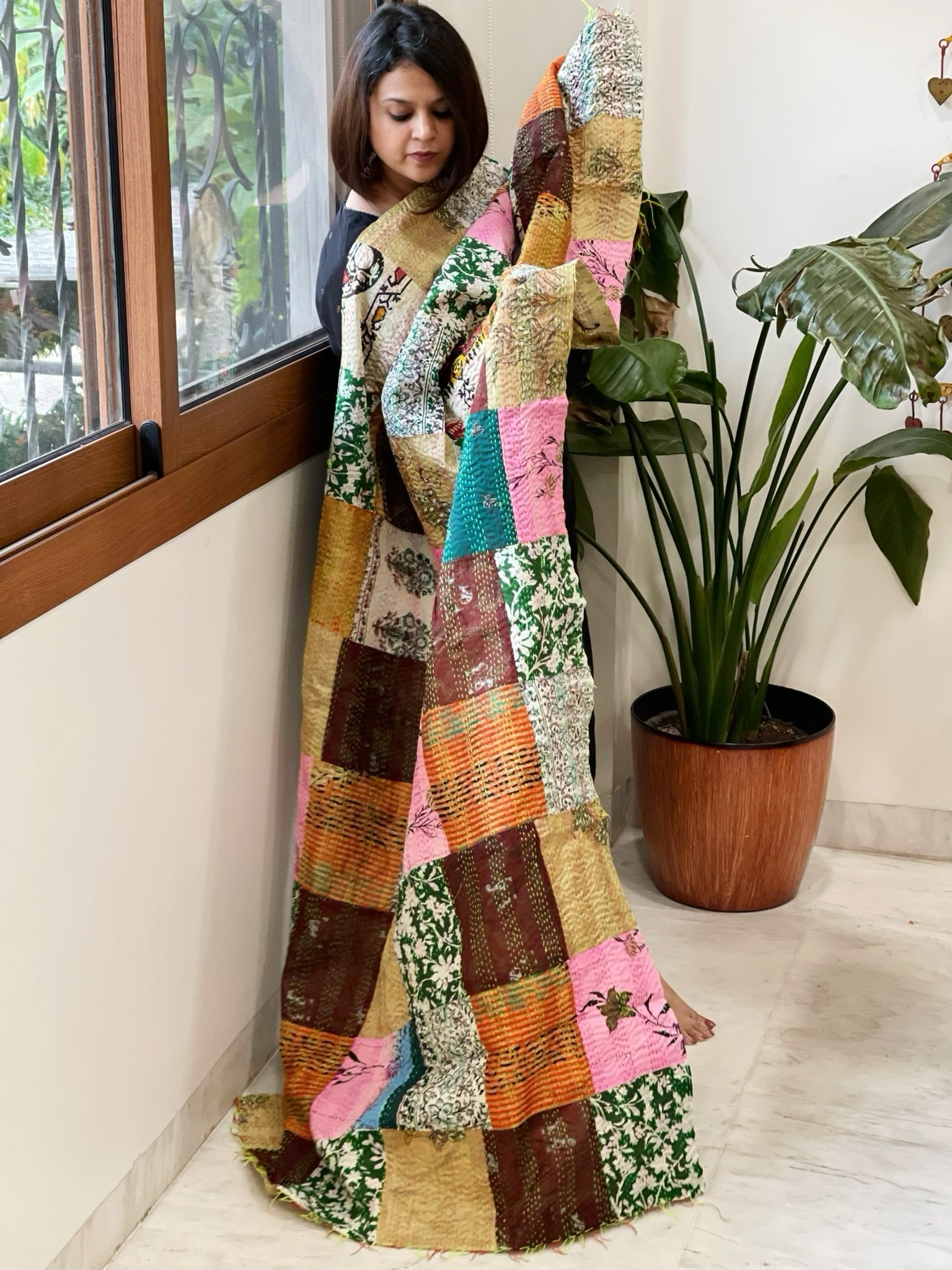 Kantha Patchwork Dupatta cum Stole in Silk - Masakalee