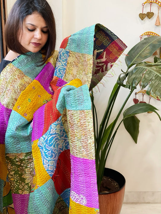 Kantha Patchwork Dupatta cum Stole in Silk - Masakalee