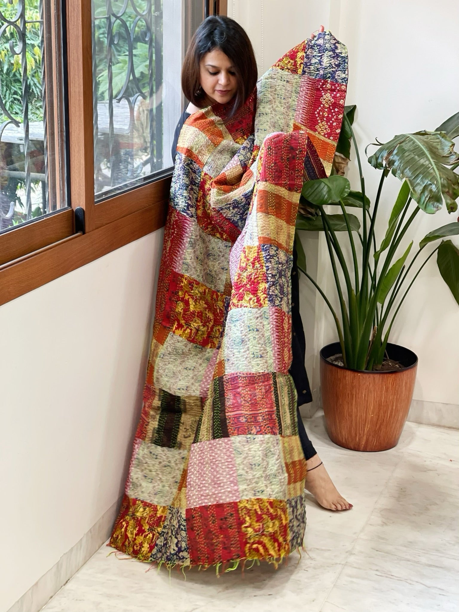 Kantha Patchwork Dupatta cum Stole in Silk - Masakalee