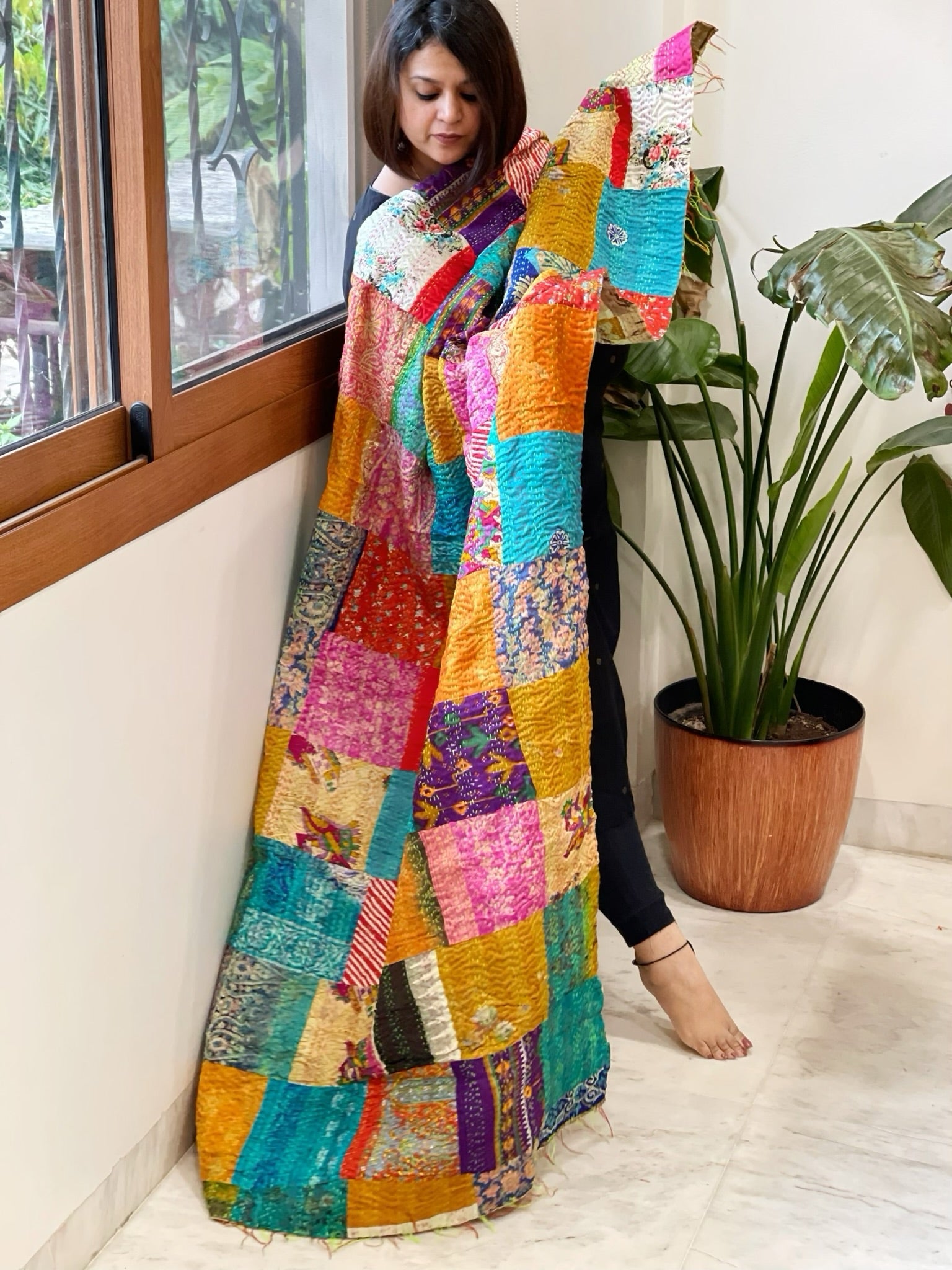 Kantha Patchwork Dupatta cum Stole in Silk - Masakalee