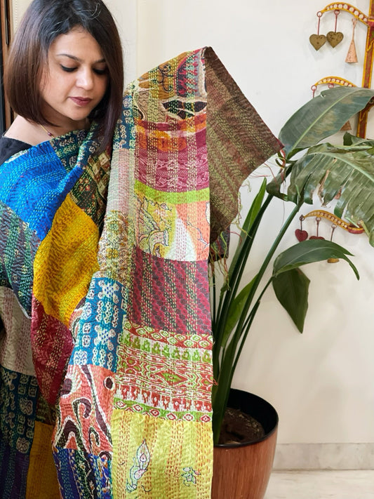 Kantha Patchwork Dupatta cum Stole in Silk - Masakalee