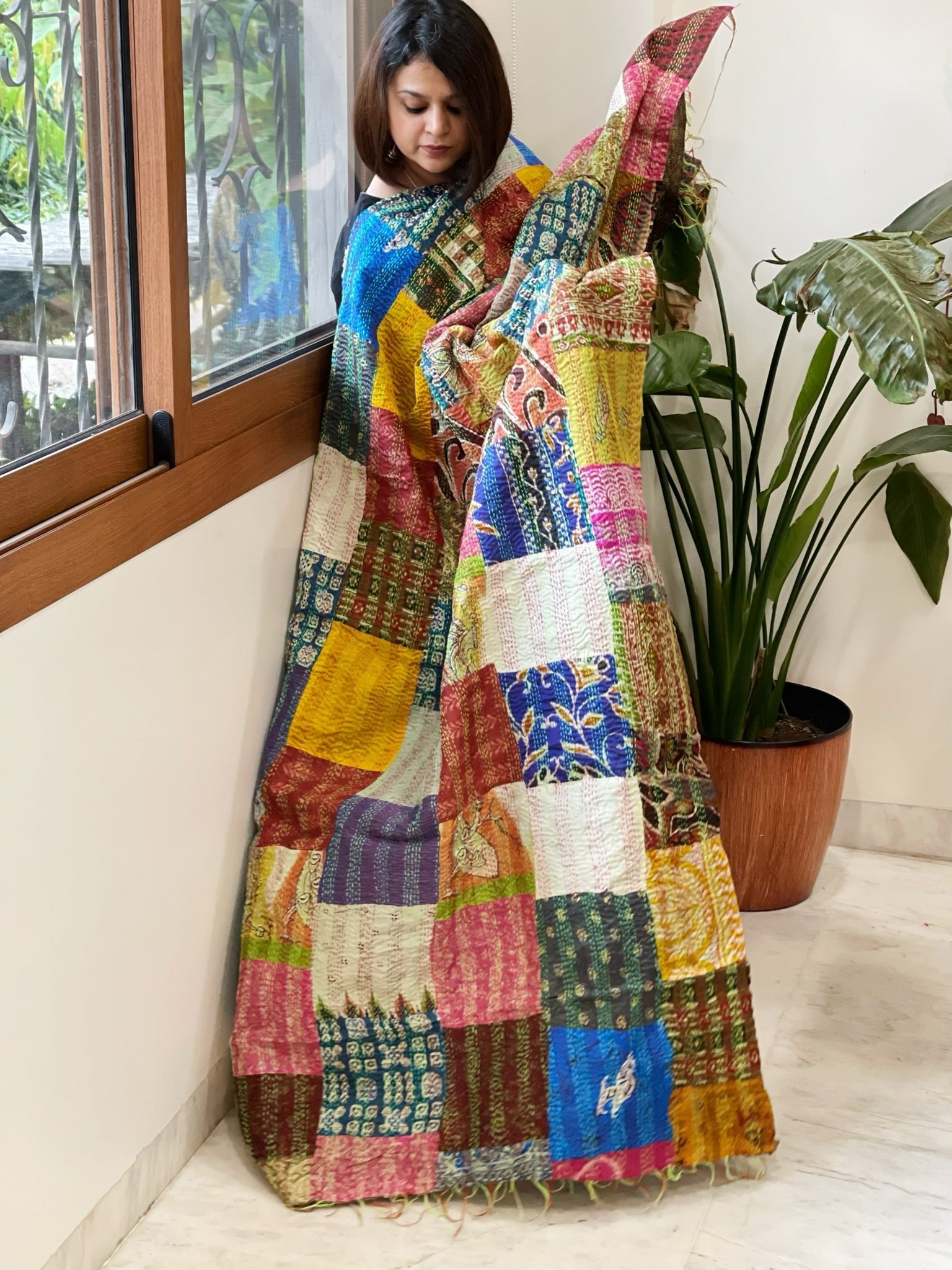 Kantha Patchwork Dupatta cum Stole in Silk - Masakalee