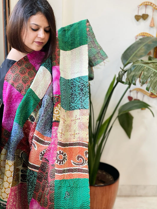 Kantha Patchwork Dupatta cum Stole in Silk - Masakalee