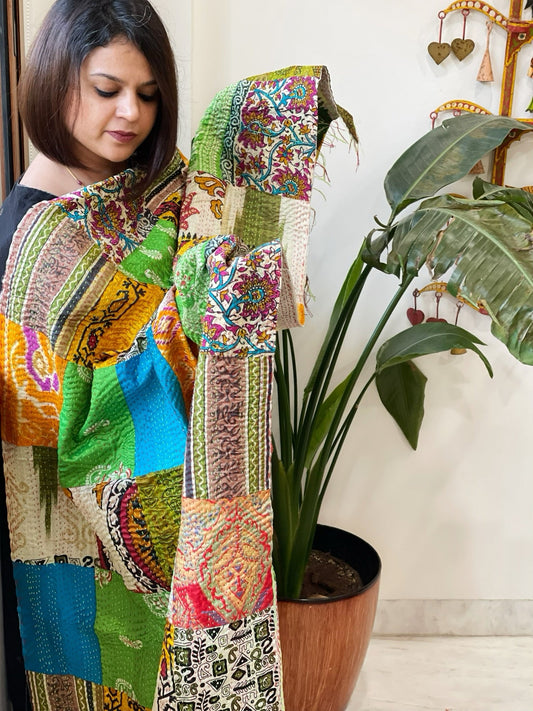 Kantha Patchwork Dupatta cum Stole in Silk - Masakalee