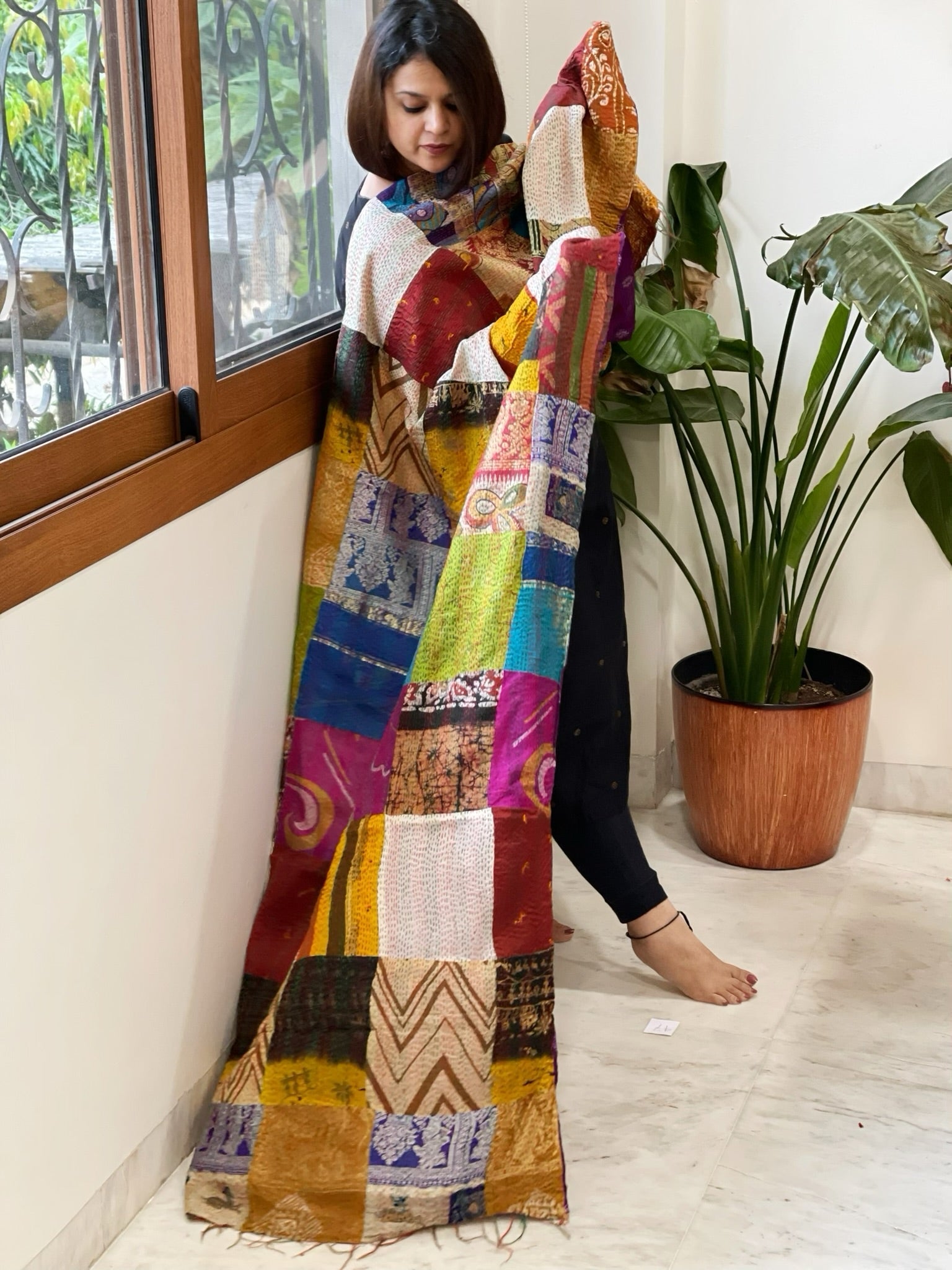Kantha Patchwork Dupatta cum Stole in Silk - Masakalee