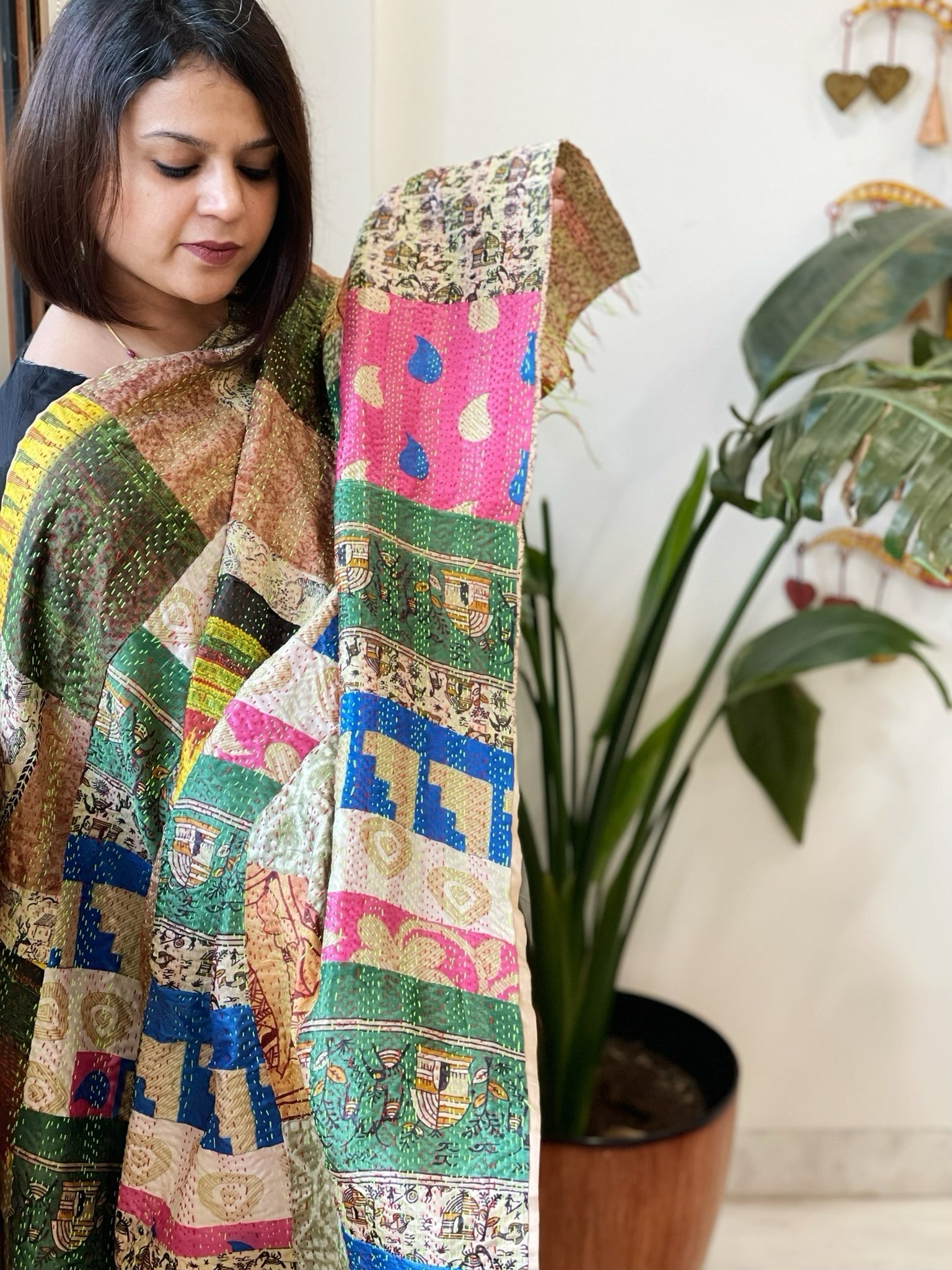 Kantha Patchwork Dupatta cum Stole in Silk - Masakalee