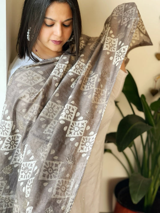 Kashish Cotton Handblock printed Dupatta with Thread and Sequin Embroidery - Masakalee