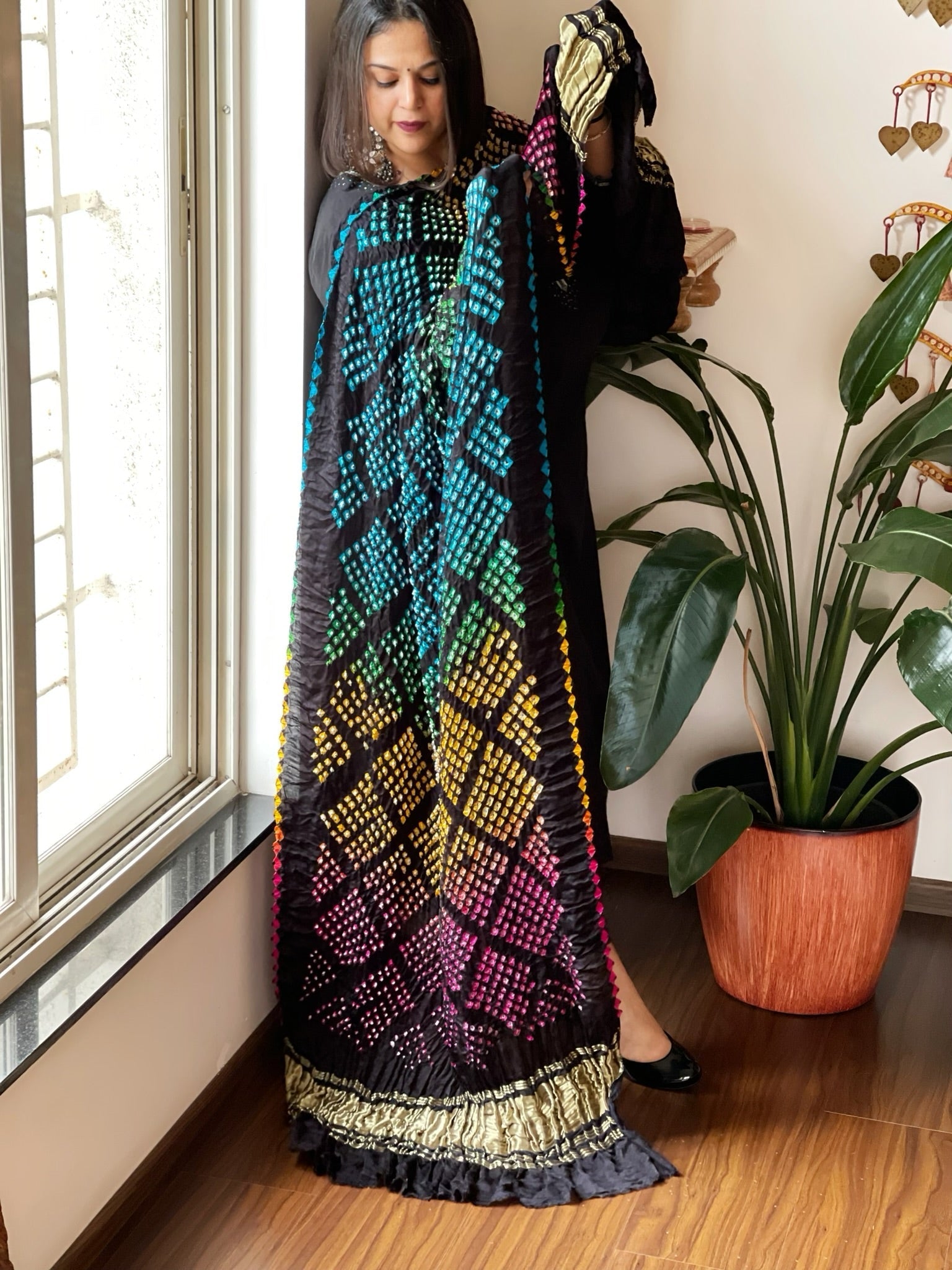 Kodi Bandhej Dupatta in Gajji Silk in Black Color - Masakalee