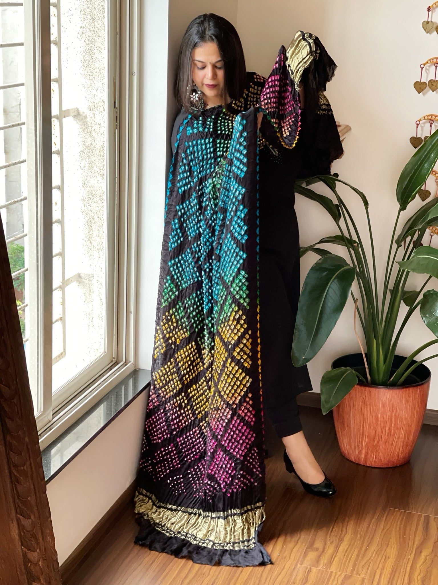 Kodi Bandhej Dupatta in Gajji Silk in Black Color - Masakalee