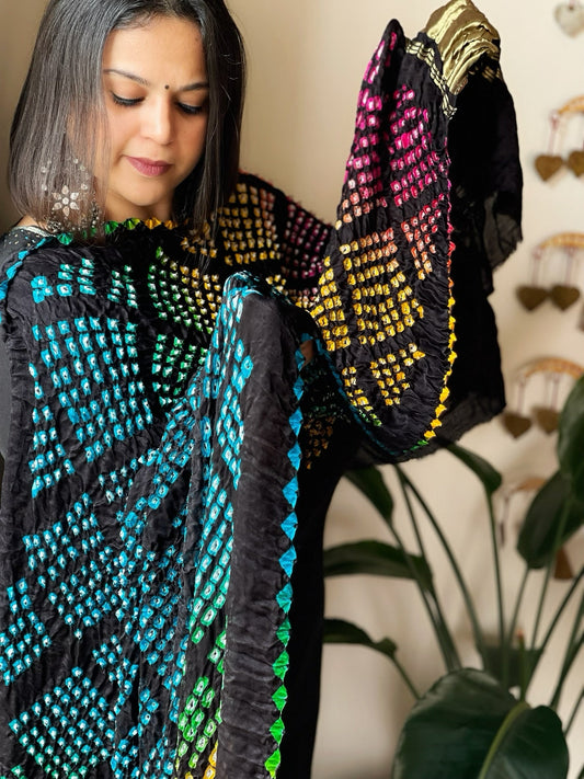 Kodi Bandhej Dupatta in Gajji Silk in Black Color - Masakalee