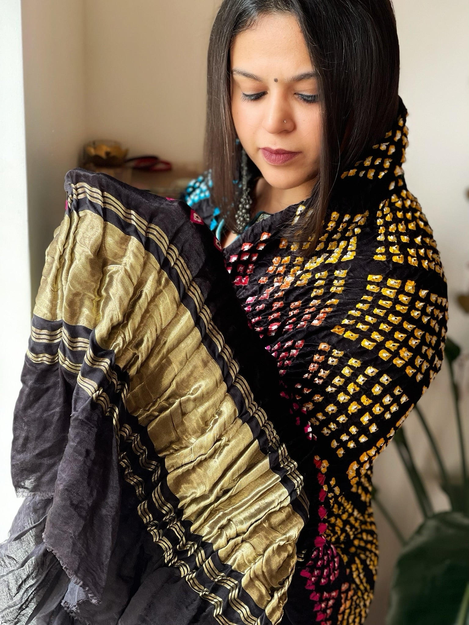 Kodi Bandhej Dupatta in Gajji Silk in Black Color - Masakalee