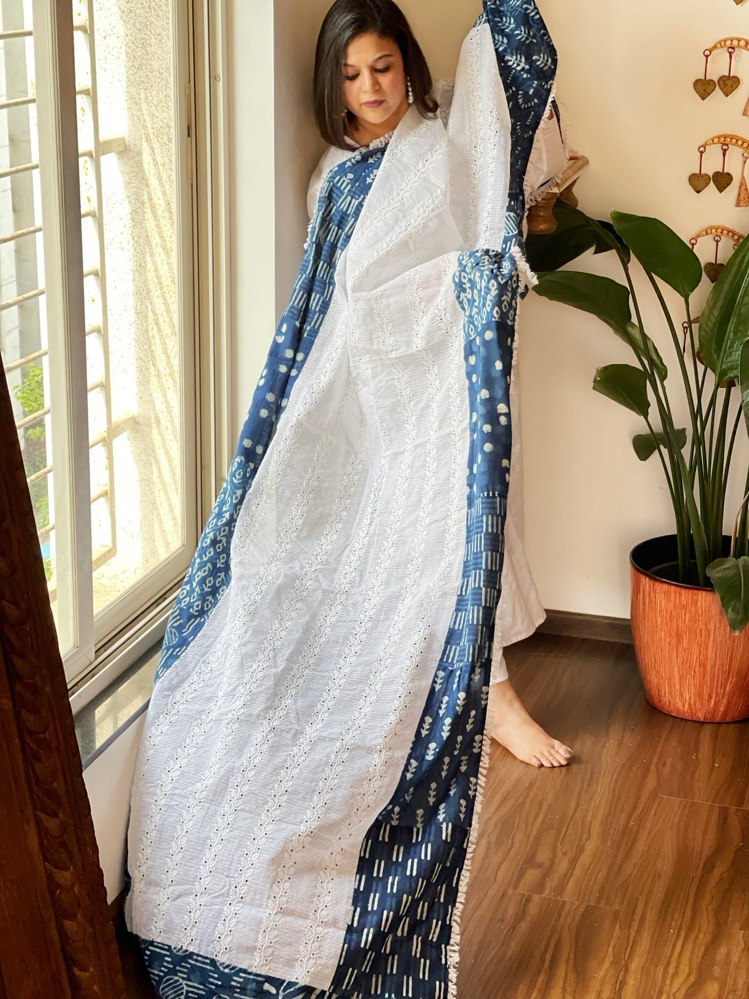 Kota Cotton Dupatta with Thread Embroidery and Patchwork Border - Masakalee