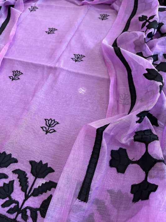Lavender Applique Suit Set in Mul Chanderi - Masakalee