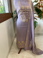 Lavender Applique Suit Set in Mul Chanderi - Masakalee