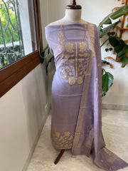 Lavender Applique Suit Set in Mul Chanderi - Masakalee