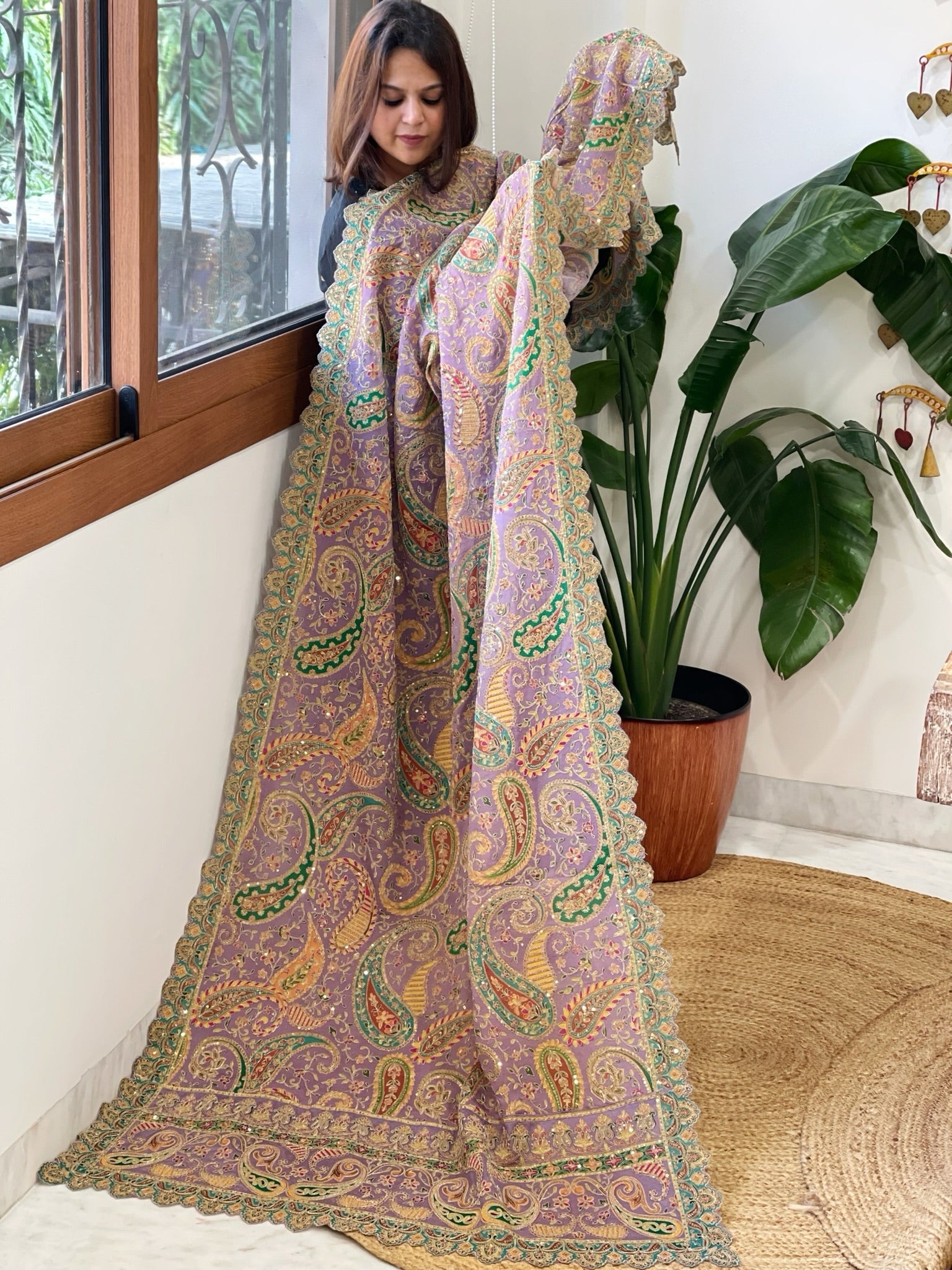 Lavender Chinon Dupatta with Aari Embroidery - Masakalee