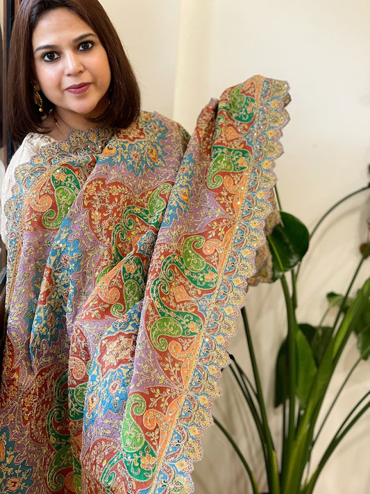 Lavender Chinon Dupatta with Aari Embroidery - Masakalee