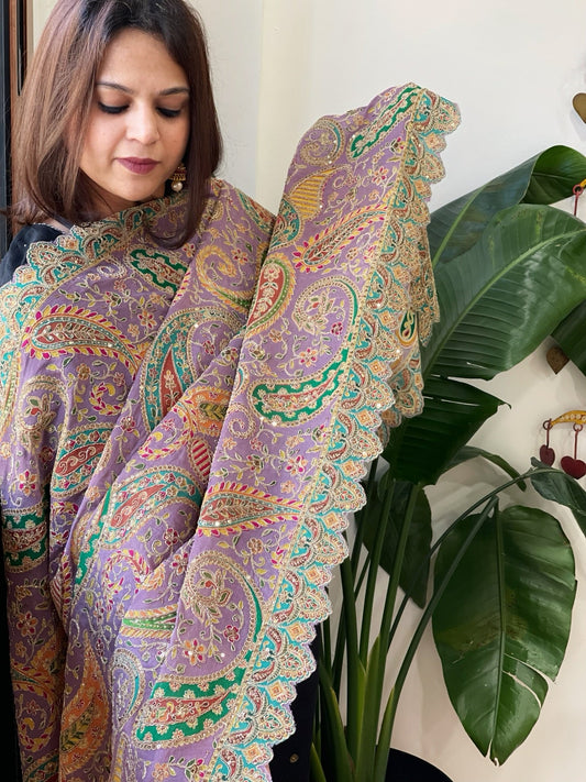 Lavender Chinon Dupatta with Aari Embroidery - Masakalee