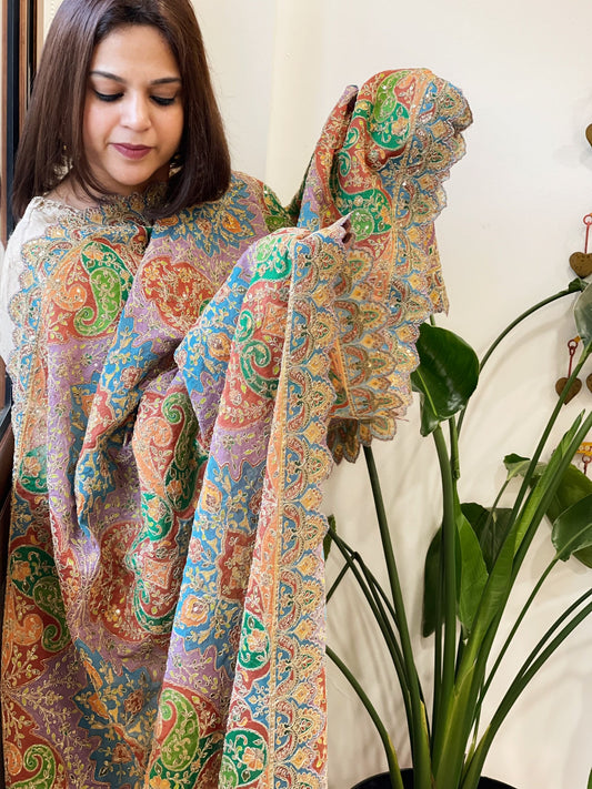 Lavender Chinon Dupatta with Aari Embroidery - Masakalee