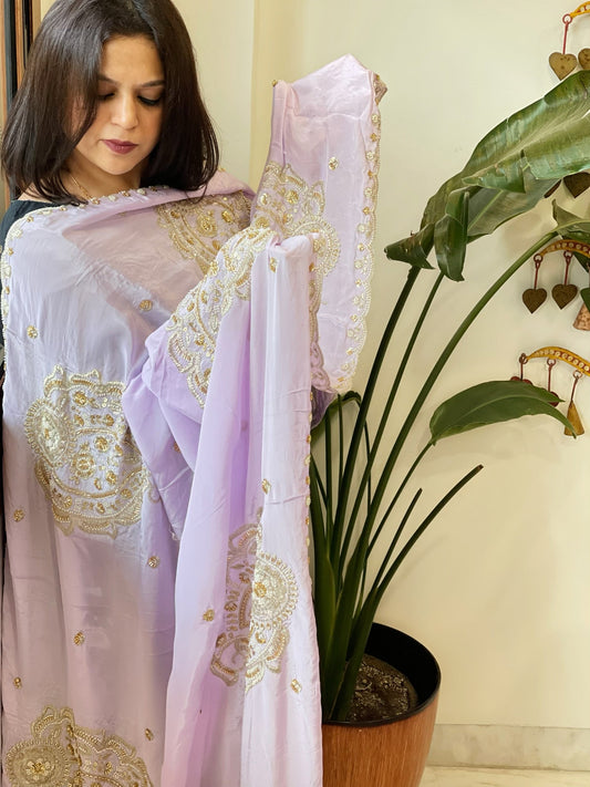 Lavender Crepe Dupatta with Pearl, Cut Daana, Gold Thread & Sequin Embroidery - Masakalee