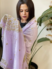 Lavender Crepe Dupatta with Pearl, Cut Daana, Gold Thread & Sequin Embroidery - Masakalee