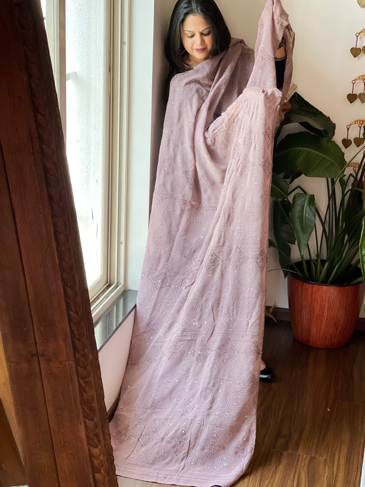 Lavender Hand Embroidered Dupatta in Georgette - Masakalee