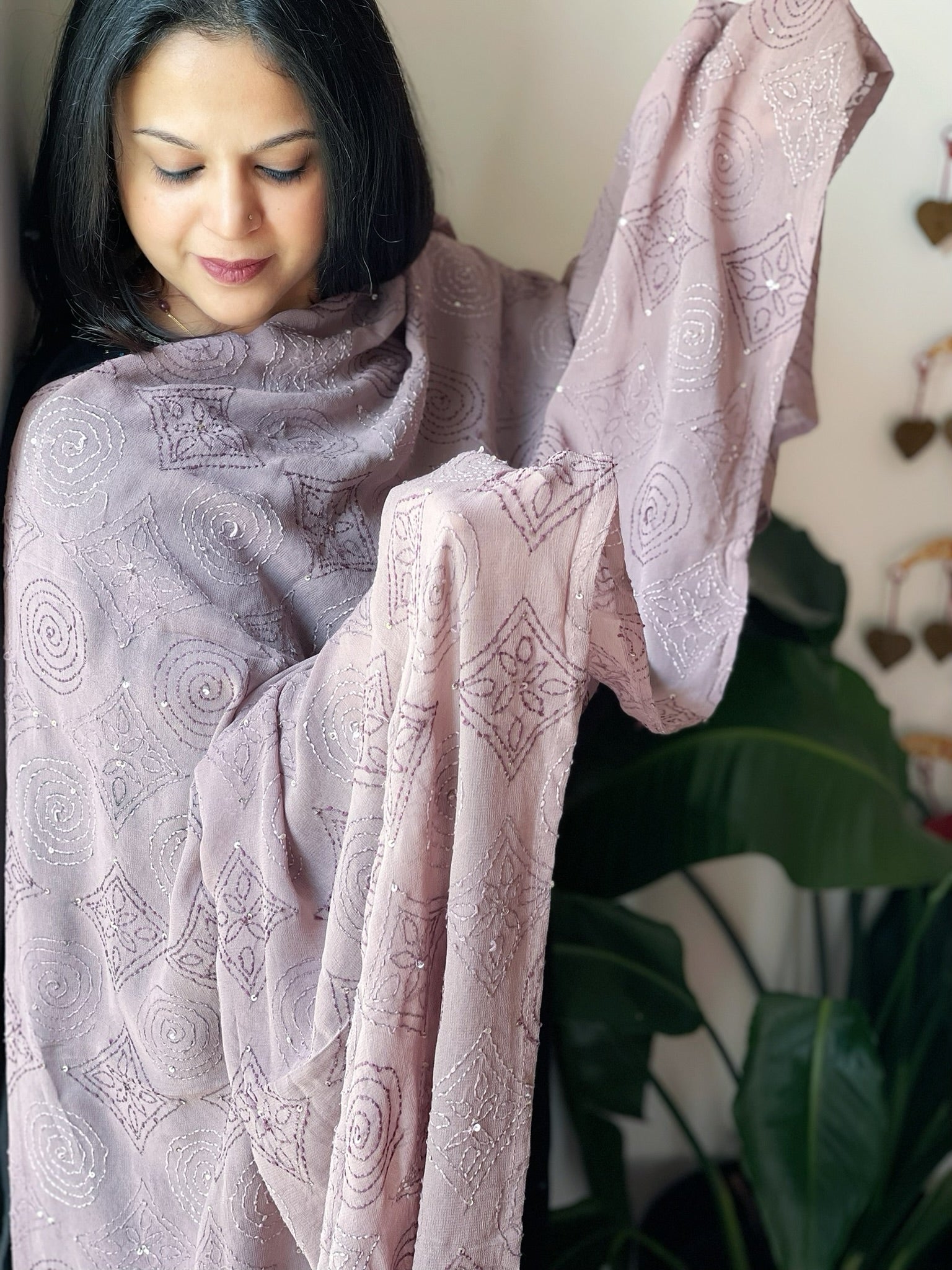 Lavender Hand Embroidered Dupatta in Georgette - Masakalee