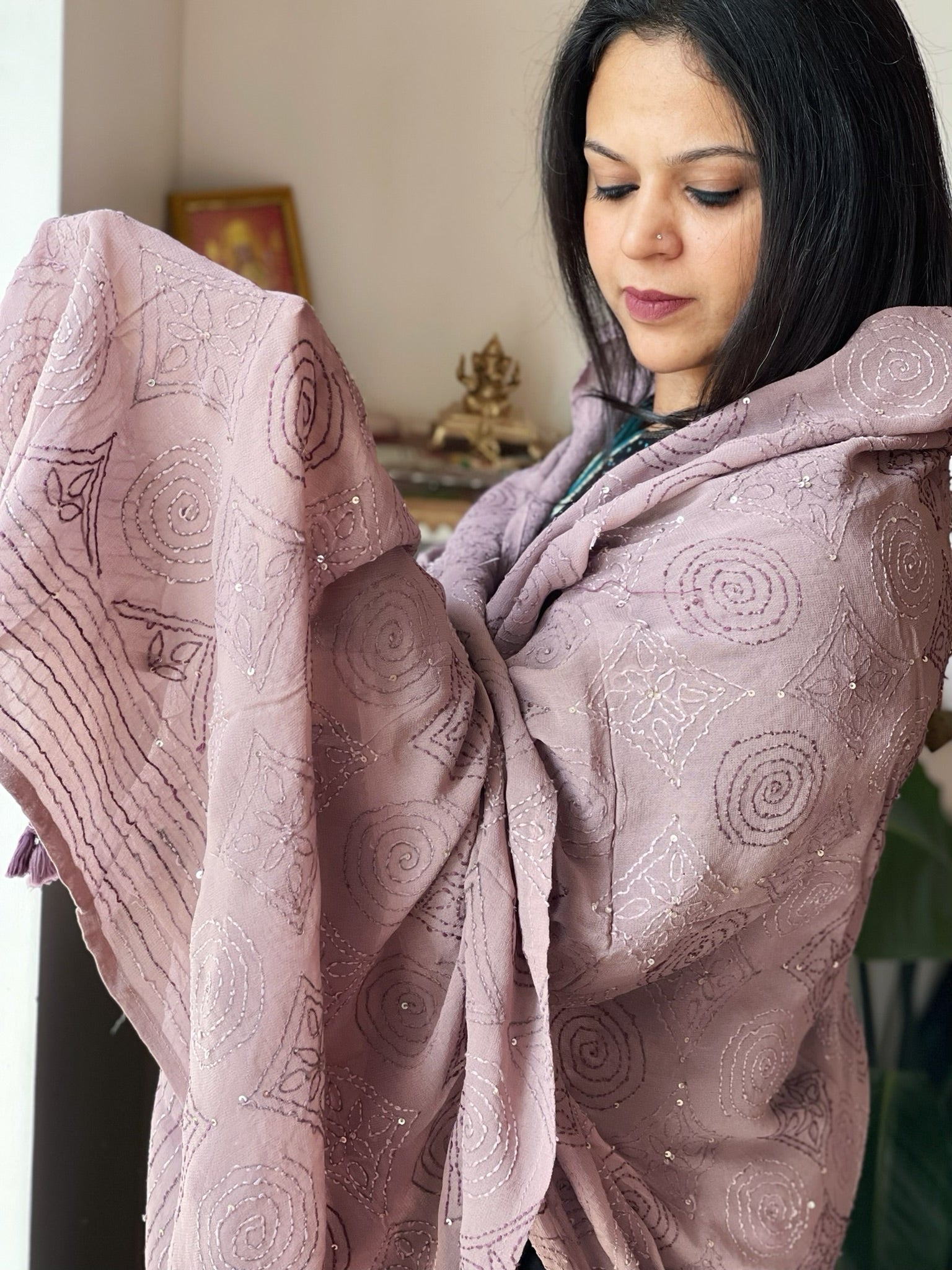 Lavender Hand Embroidered Dupatta in Georgette - Masakalee