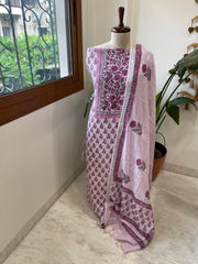 Lavender Handblock Printed Suit Set in Pure Linen - Masakalee