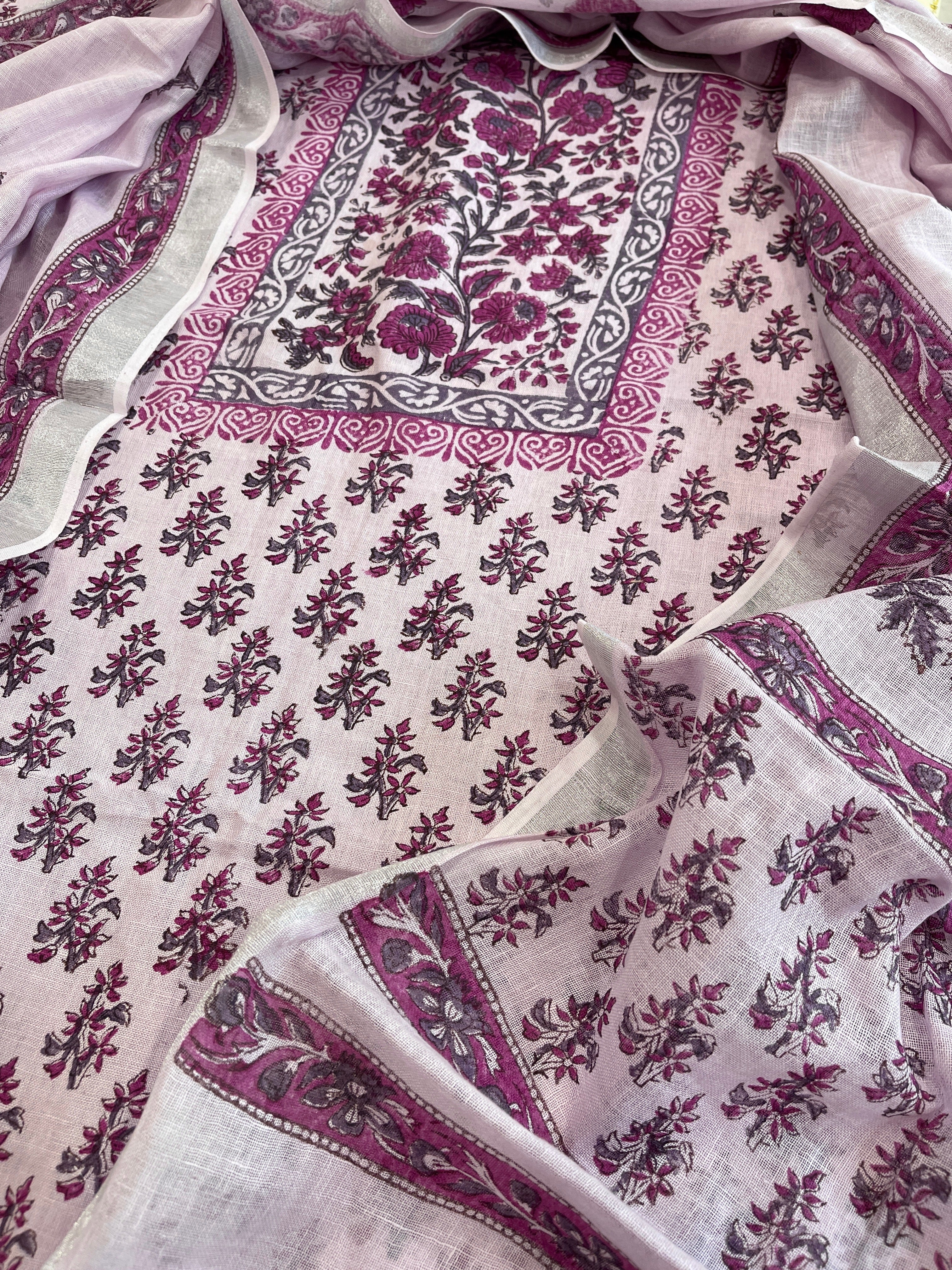 Lavender Handblock Printed Suit Set in Pure Linen - Masakalee