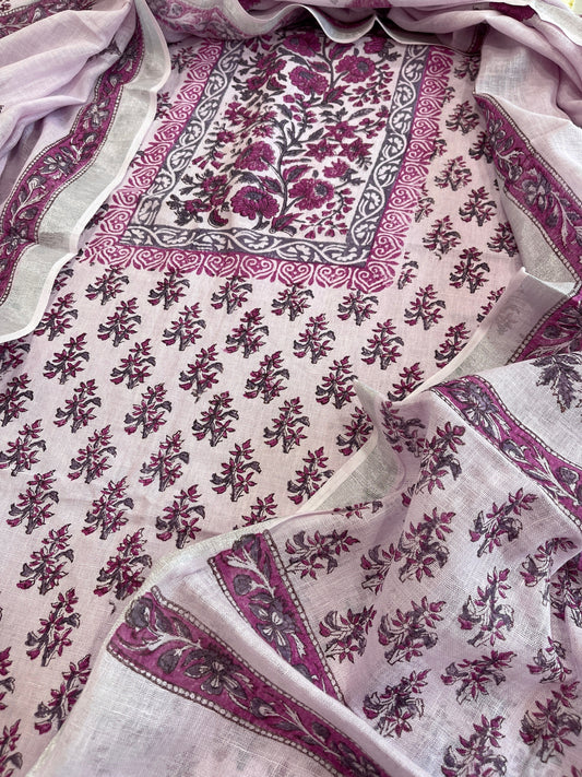 Lavender Handblock Printed Suit Set in Pure Linen - Masakalee