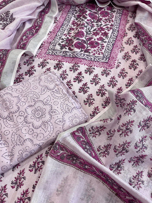 Lavender Handblock Printed Suit Set in Pure Linen - Masakalee