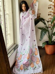 Lavender Handpainted Dupatta with Kantha Stitch Handwork in Linen - Masakalee