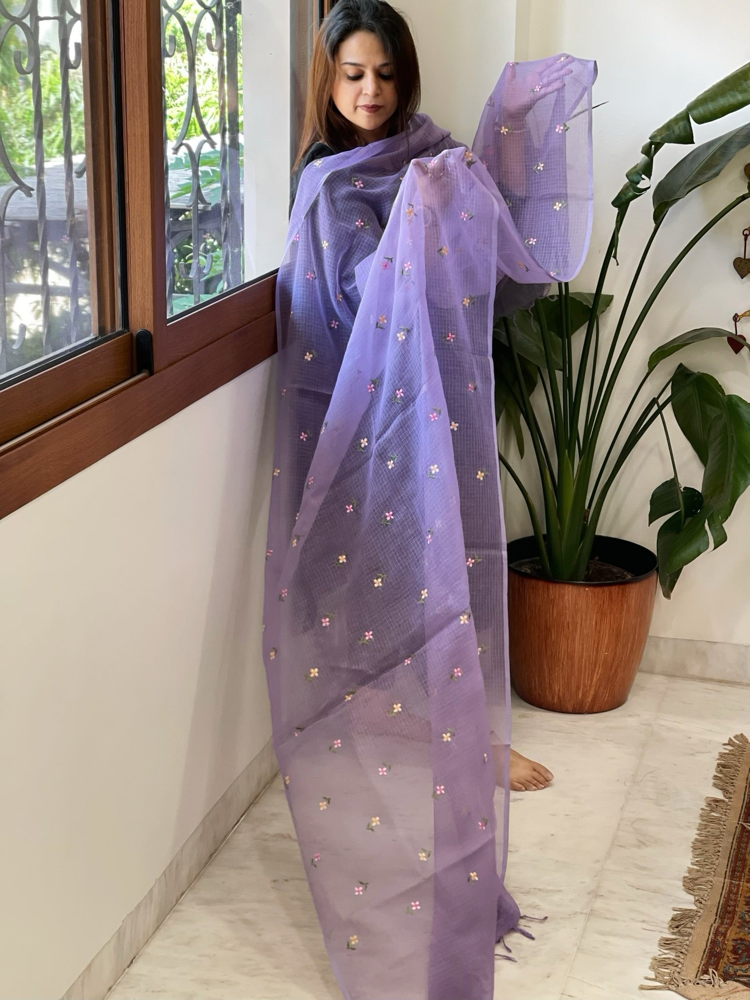 Lavender Kota Cotton Dupatta with Thread Embroidery - Masakalee