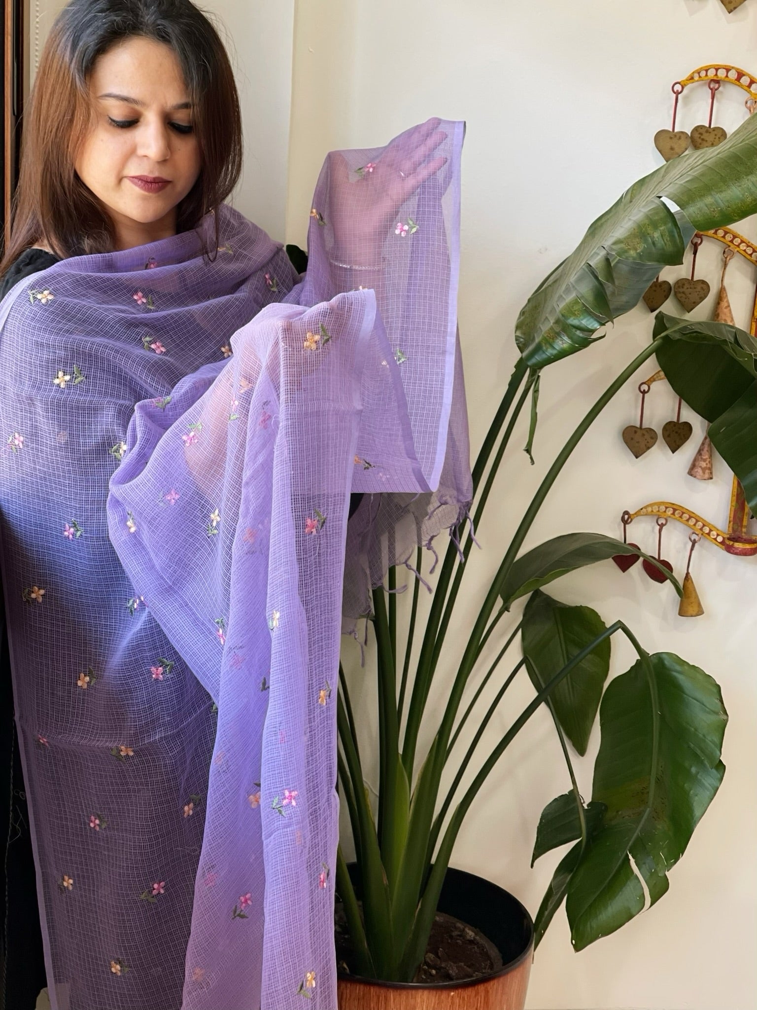 Lavender Kota Cotton Dupatta with Thread Embroidery - Masakalee