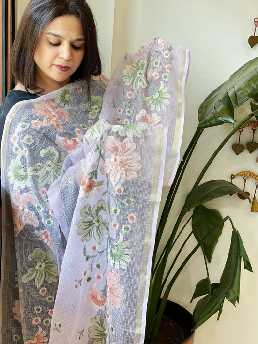 Lavender Kota Cotton Dupatta with Thread Embroidery - Masakalee