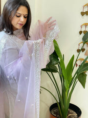 Lavender Net Dupatta with Sequin and Pearl Embroidery - Masakalee