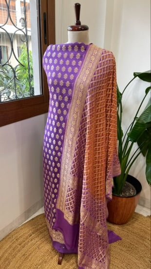 Lavender, Orange Handwoven Banarasi Suit Set in Pure Georgette - Masakalee